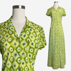 Vintage Y2K My Michelle Green watercolor floral collared button maxi dress S/M